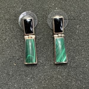 Taxco Malachite Sterling Silver Dangle Earrings Modernist Onyx hinged Mexico